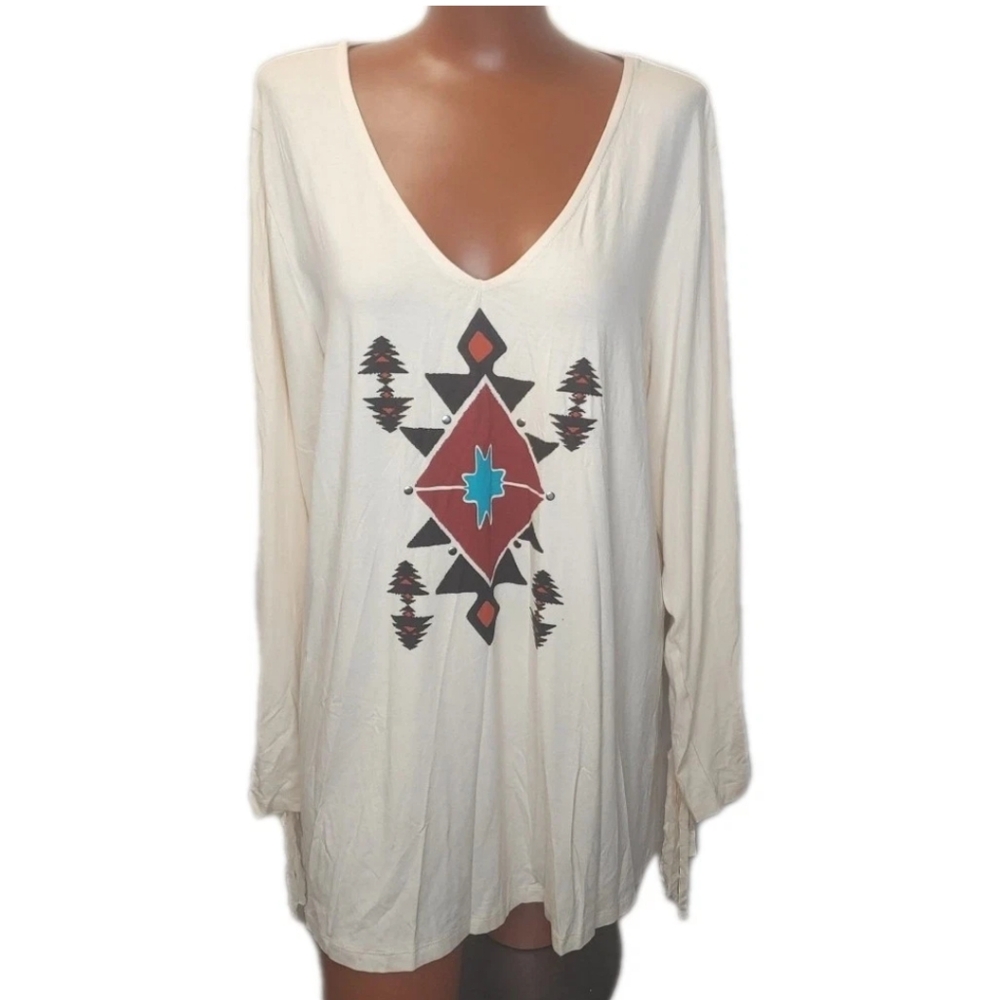 Midnight Velvet Aztec Southwest Fringed T-shirt Woman Plus 2X V-neck Aztec Nwt
